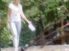 Spandex leggings on a girl in the public park